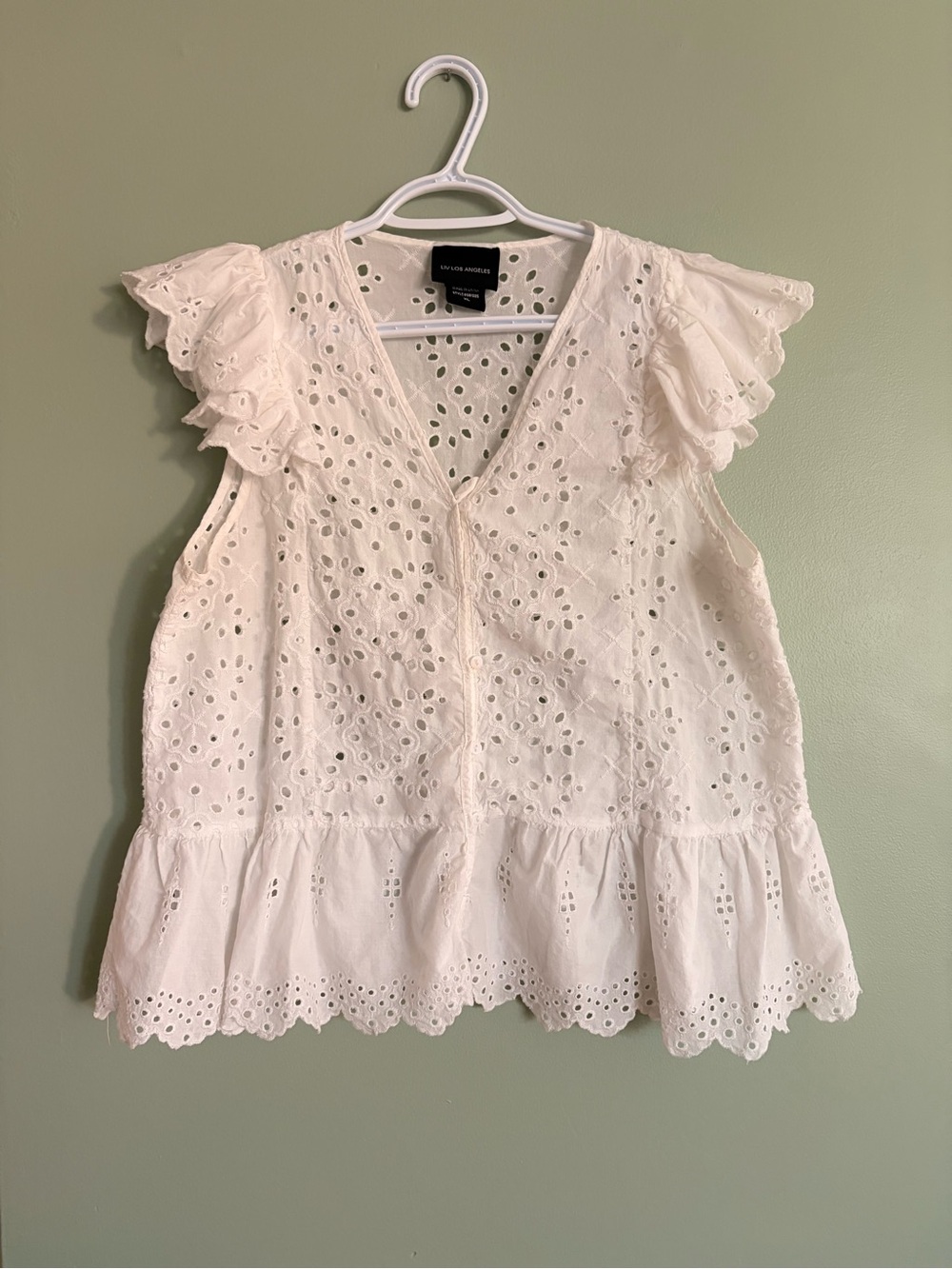 LIV Los Angeles White 100% Cotton Eyelet Shirt Top XL Boho Cottagecore Ruffle